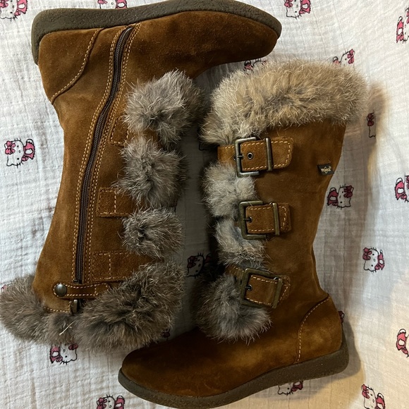 PRIMIGI SUEDE FAUX FUR KNEE-HIGH BUCKLE BOOTS BROWN GRAY BOOTIES GIRL 31 13 12.5 - Picture 8 of 15